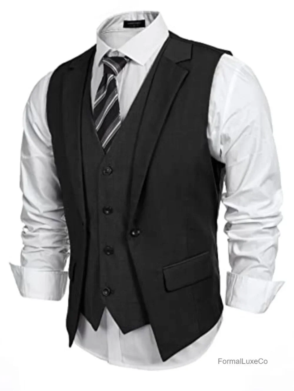 Men's Double Layer Suit Vest Wedding Waistcoat Slim Fit with Pockets